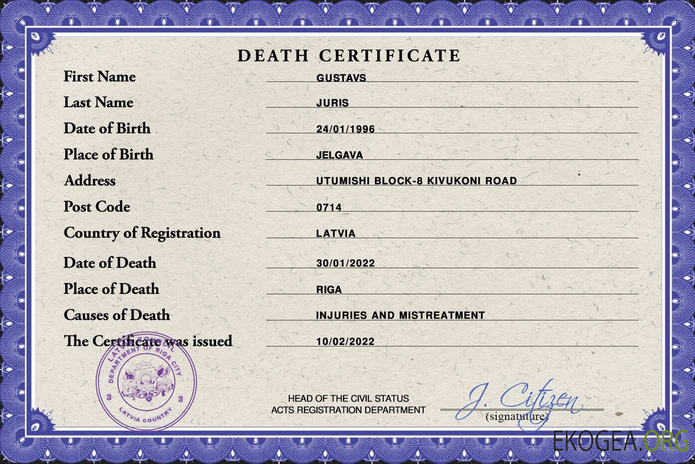 Modèle PSD de certificat de décès de Lettonie template